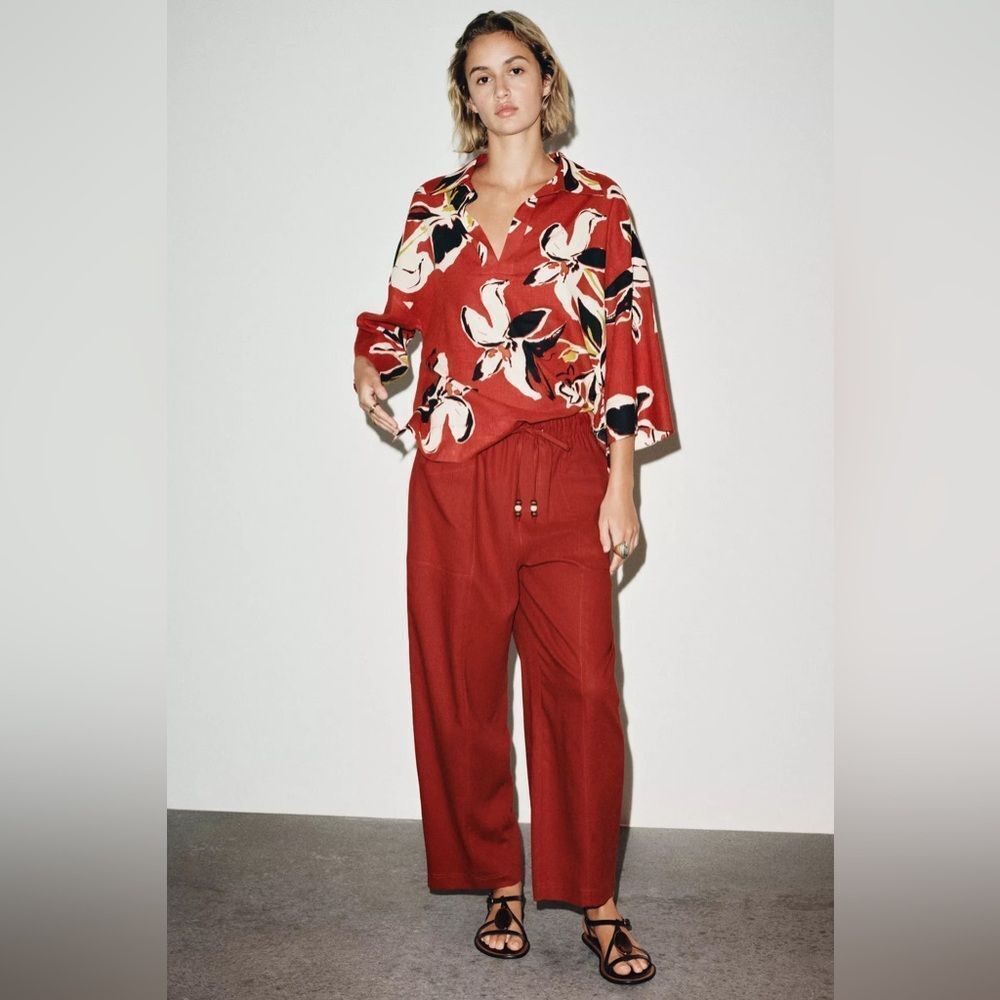 ZARA LINEN BEADED DRAWSTRING PANTS BRICK